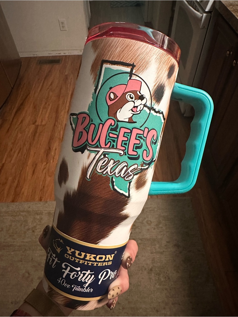Buc-ee’s Texas Cowhide 40oz Tumbler with Turquoise Handle